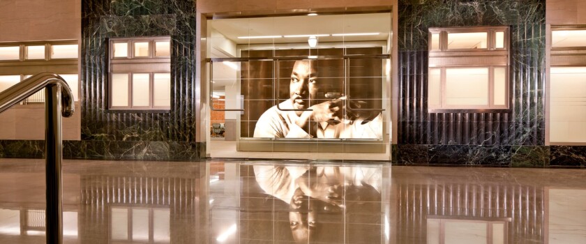 A piece of custom glass artwork, wall-cladding in Martin Luther King Jr. Federal Building, and printed on glass by Skyline Design architectural glass manufacturer.