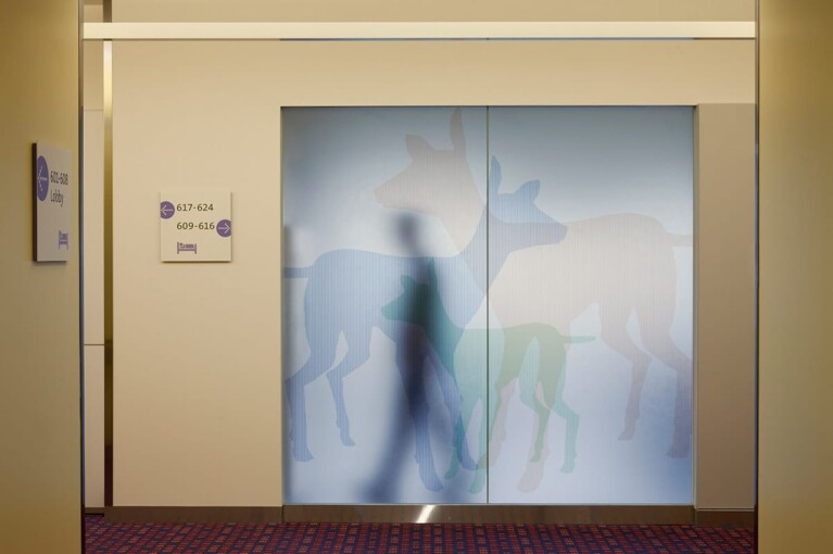 Abstract custom glass deer design artwork, wall-cladding in Randall Children's Hospital at Legacy Emanuel, and printed on a glass door partition by Skyline Design architectural glass manufacturer.