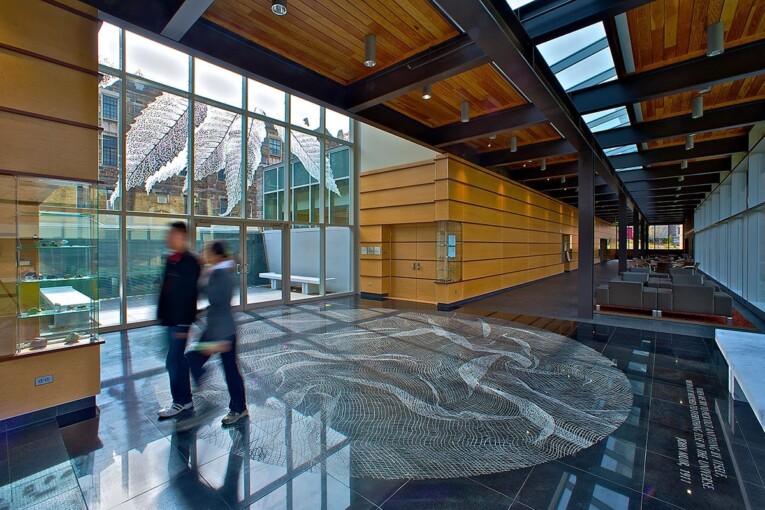 A botanical pattern custom glass etched on the glass partition of Lehigh University BudInside by Skyline Design architectural glass manufacturer.