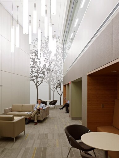 A piece of botanical custom glass artwork etched on Sateen glass pattern in the lobby of Massachusetts General Hospital by Skyline Design, the industry-leading architectural glass manufacturer.